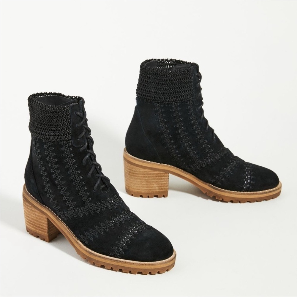 Anthropologie Silent D Bestie Black Heeled Suede Crocheted Boots Size 38